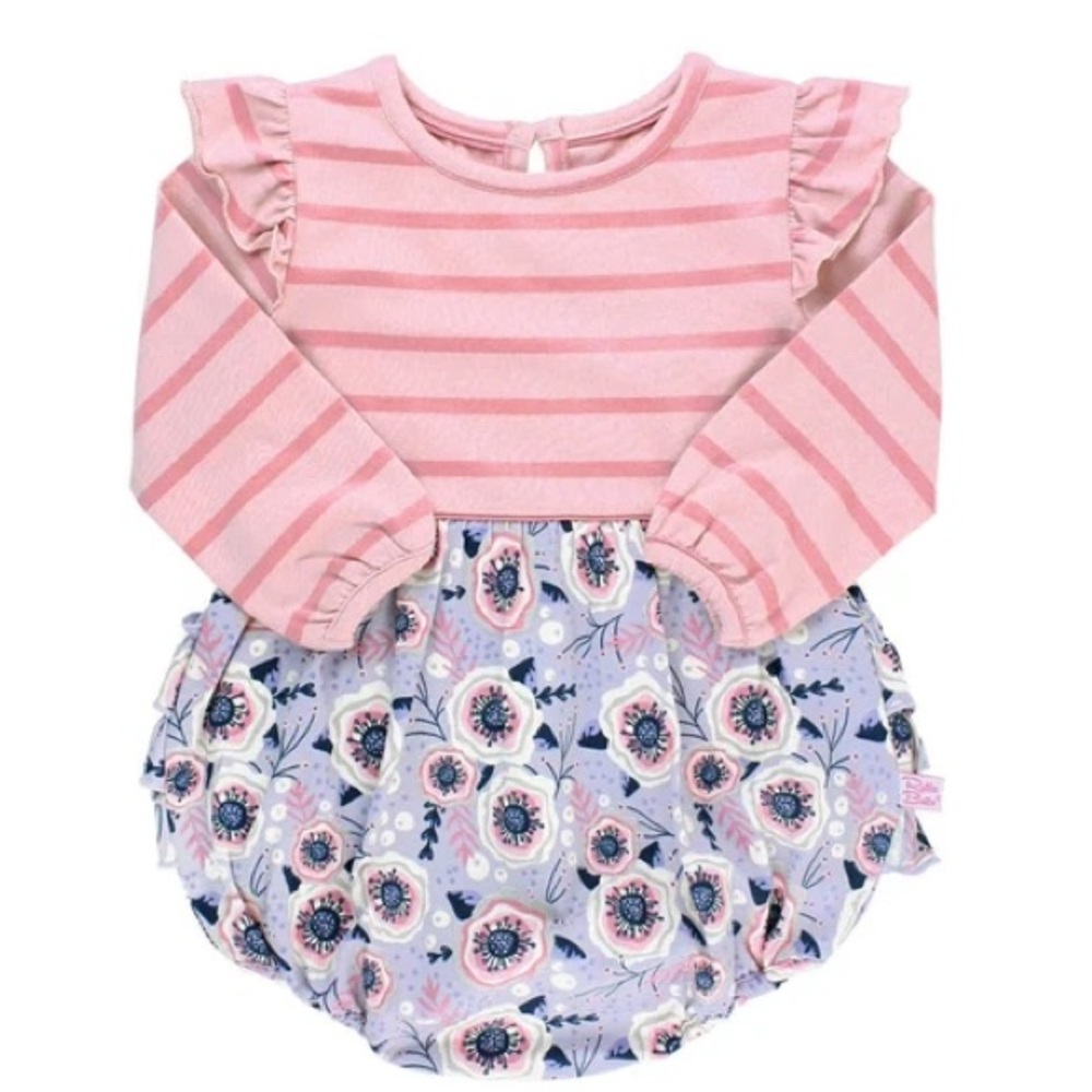 RUFFLE BUTTS: Pink Striped Floral Baby Romper